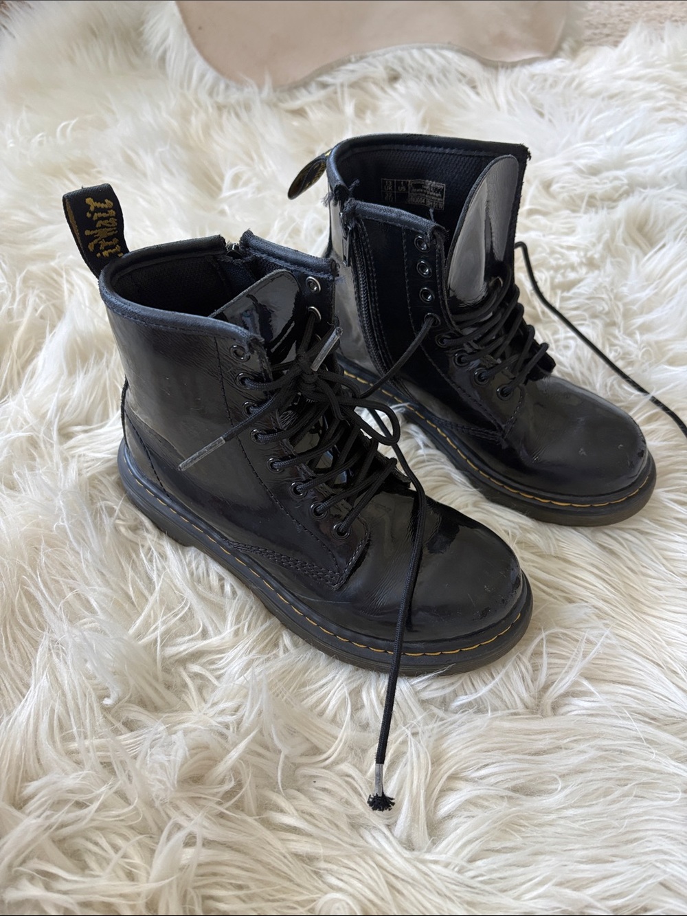 Dr. Martens Black Patent Leather Lace-Up Combat Boots with Yellow Stitching